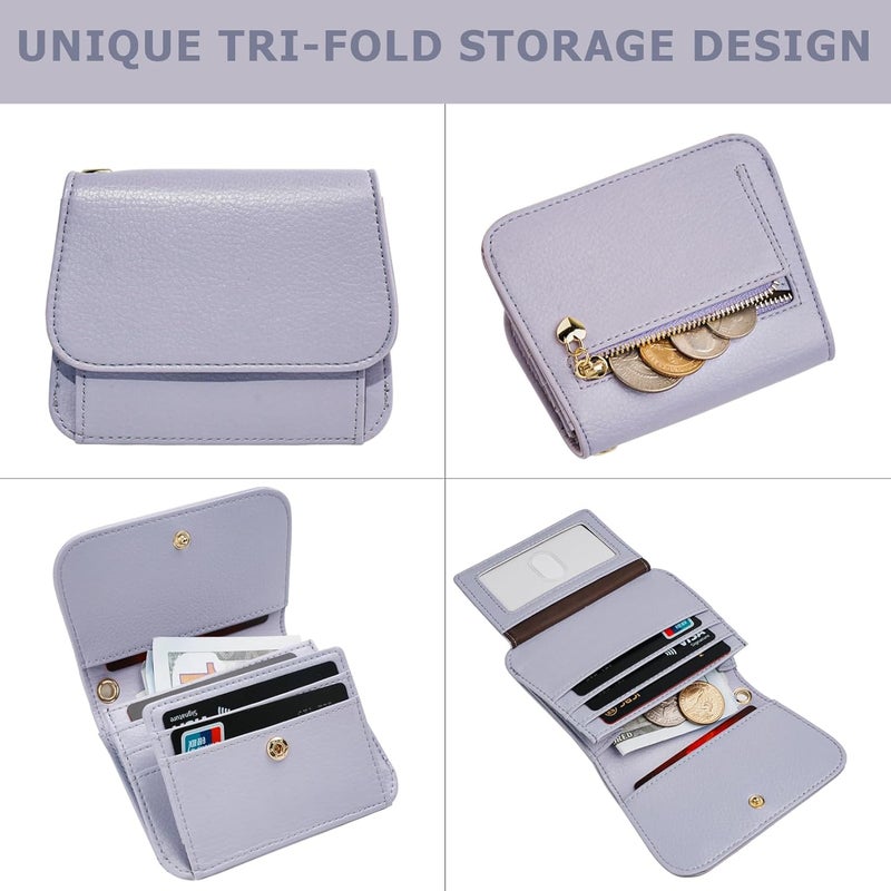 Sunpour Women Small Wallet RFID Blocking Slim Wallet with Coin Pocket Tri-Fold Credit Card Holder with ID Window and Keychain (Purple) - Image 3